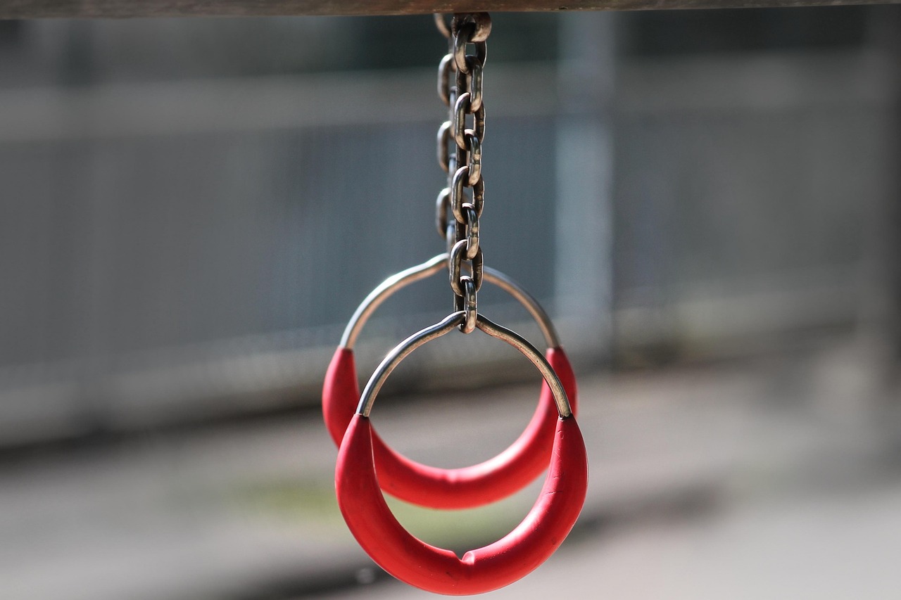 A close-up of a red hoop hanging from a metal chain. The hoop is circular in shape and appears to be made of metal. The chain...