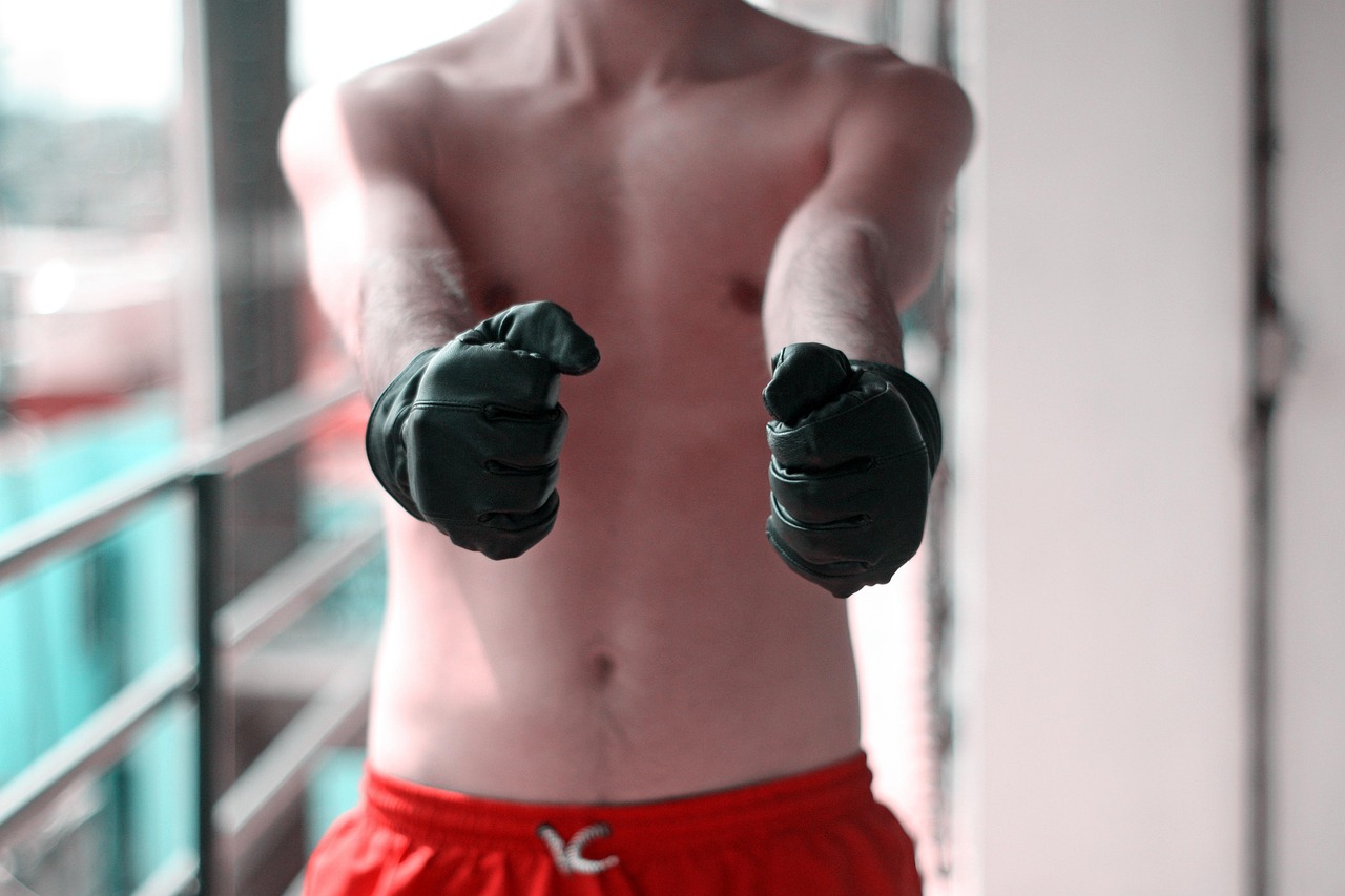 A shirtless man standing in front of a window with his arms raised in a fighting stance. He is wearing red shorts and black b...