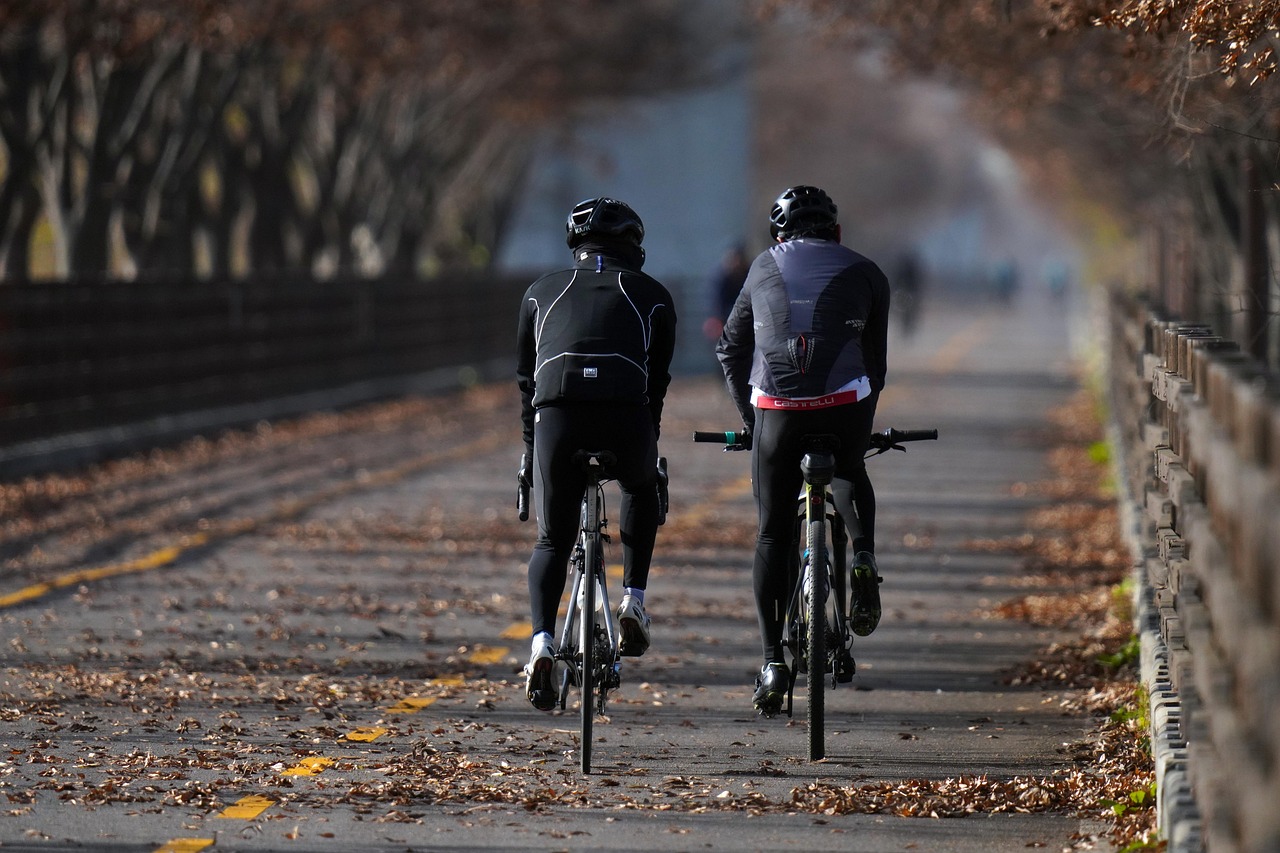 Two cyclists riding on a road in a park. They are both wearing black cycling gear and helmets. The road is lined with trees o...