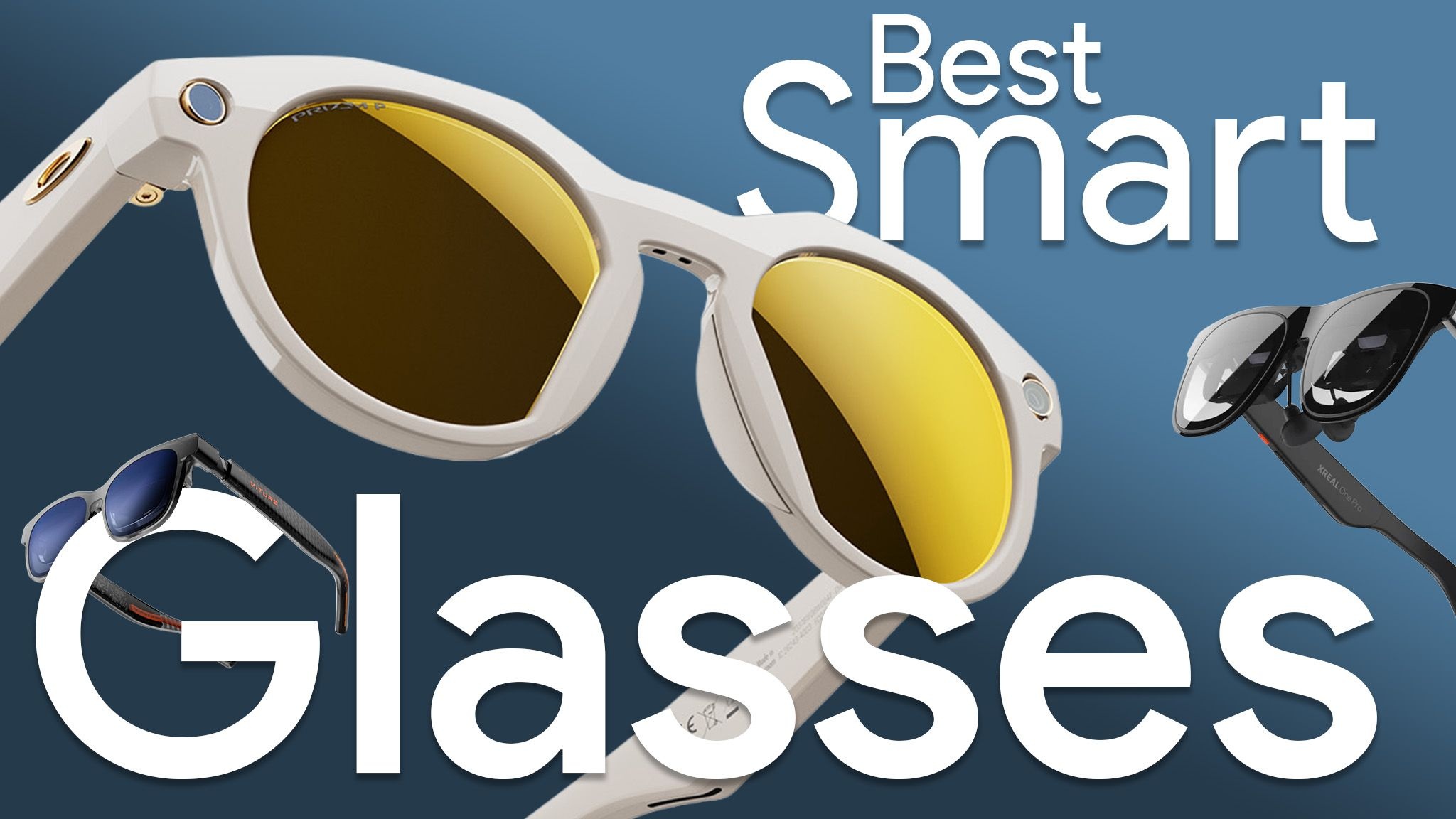 An advertisement for the best smart glasses. It features a pair of white sunglasses with yellow lenses on a blue background. ...