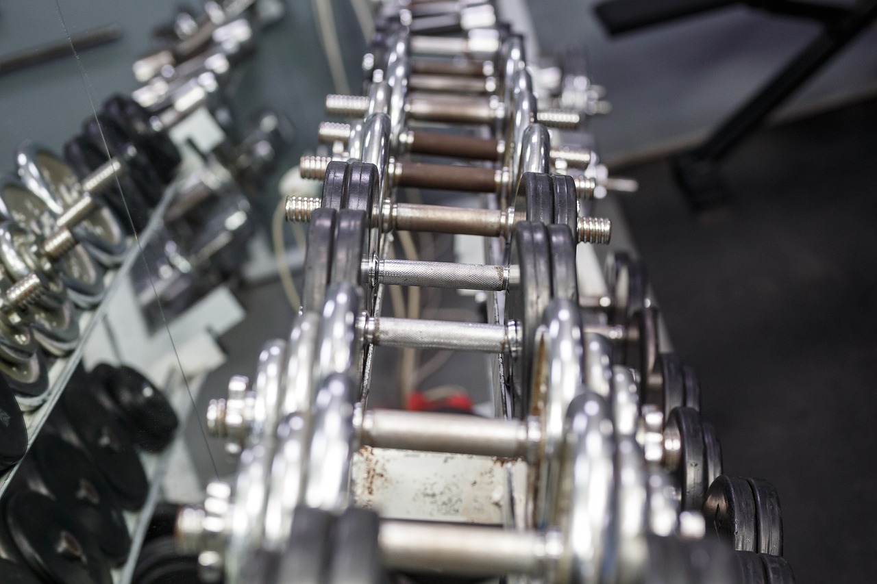 A row of dumbbells in a gym. The dumbbell weights are arranged in a neat and orderly manner, with each barbell slightly overl...