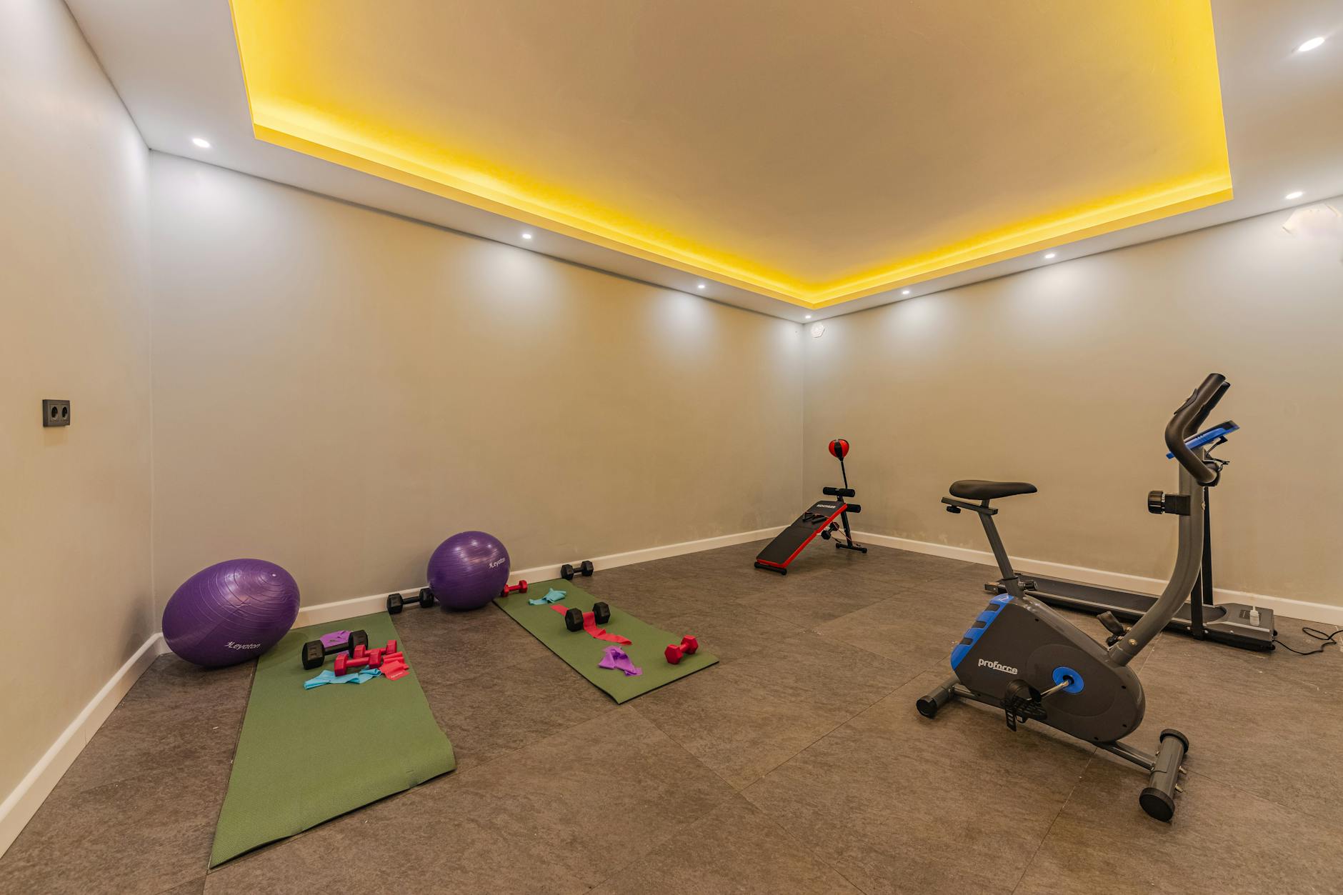 A home gym with various exercise equipment scattered on the floor. On the left side of the image, there is a purple exercise ...