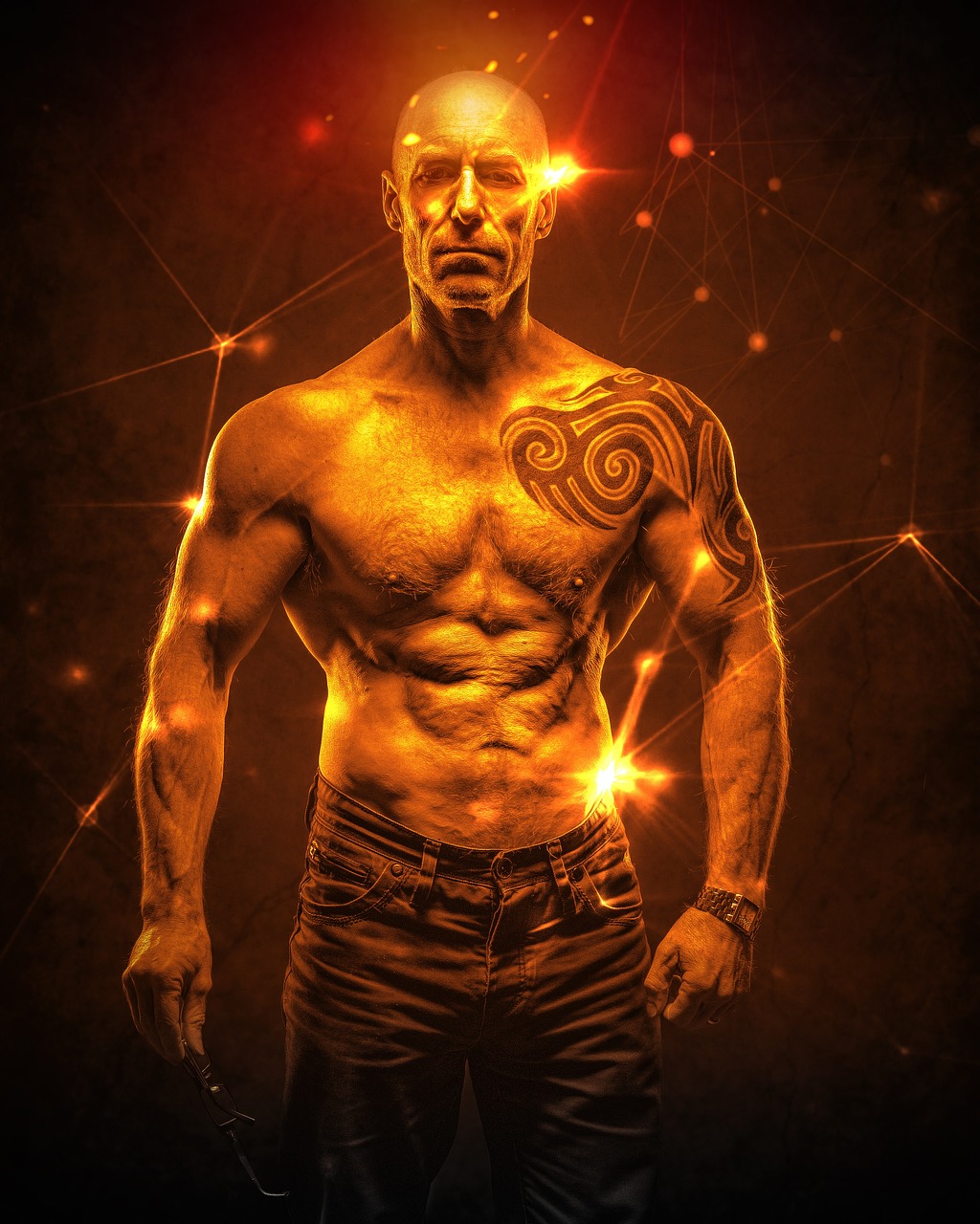 A portrait of a muscular man with a bald head and a tattoo on his chest. He is standing with his arms crossed and is looking ...