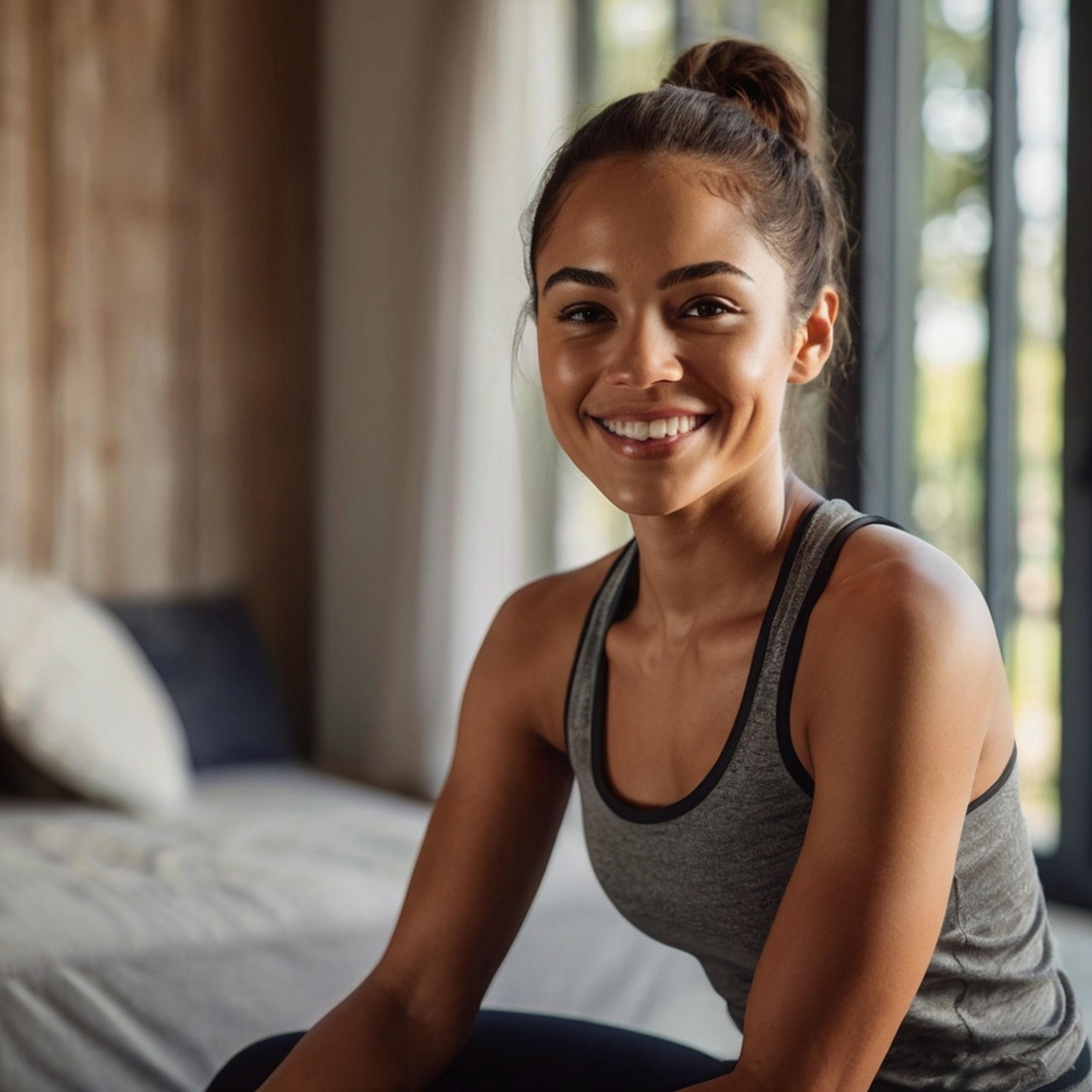 A portrait of a young woman sitting on a bed in a bedroom. She is wearing a gray tank top and black leggings. Her hair is tie...